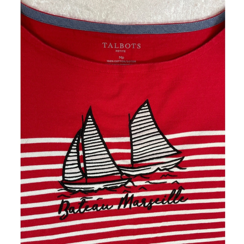Talbots Top Womens Petite Medium Red Striped EUC Nautical Sailboat Long Sleeve